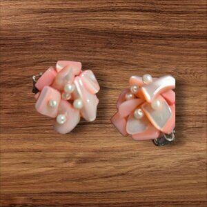Vintage Japan Pink Clip-On Cluster Earrings With Faux Pearls & Acrylic Petals